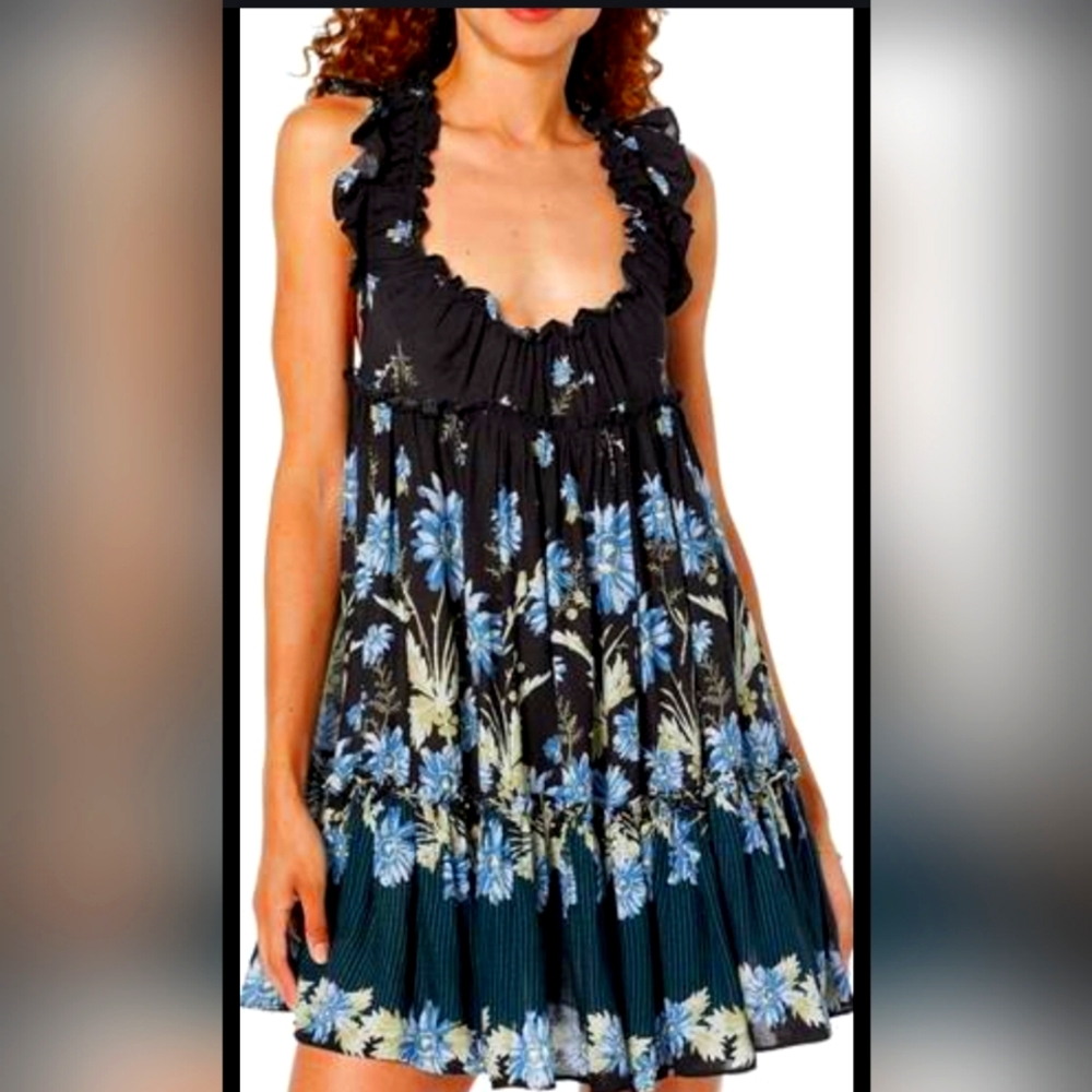 FREE PEOPLE Intimately Bali Wild Daisy Mini DRESS Size Black Blue Floral NEW $88